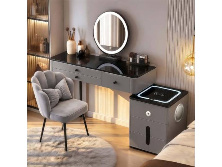 Schminktisch Set mit Stuhl & Spiegel, 5 Schubladen, Glasplatte, Vormontiert Intelligenter Schminktisch, Multifunktionaler Frisierkommode, Schlafzimmer, Metallgestell, Seitenschrank, Schnelle Montage