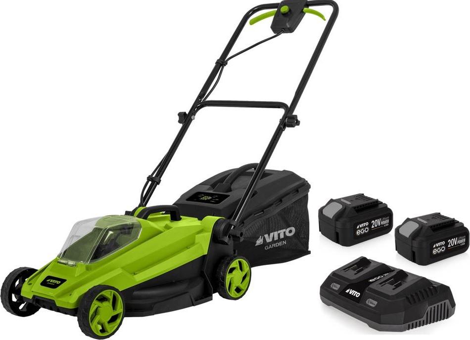 Rasenmäher 20V + 2 Lithium-Akkus 4,0Ah, Ladegerät, 30-Liter-Fangkorb, für bis zu 500 m² Rasenfläche, Marke VITO