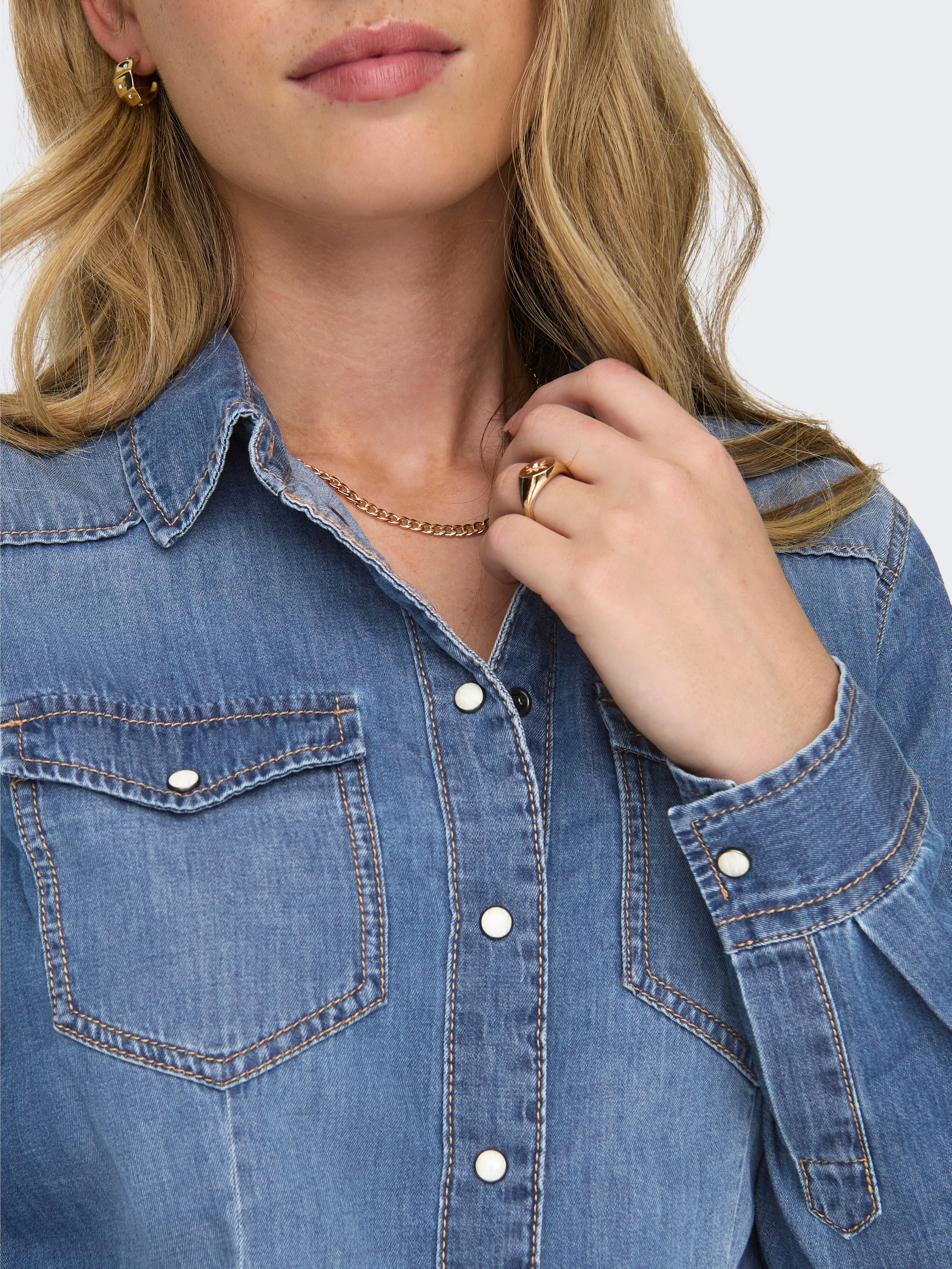 Jeansbluse ONLY "ONLALEXA L/S DNM SHIRT FS NOOS", Damen, Gr. L, blau (medium blau denim), Web, Obermaterial: 100% Baumwolle, unifarben, regular fit, Blusen Jeansbluse medium blau denim L