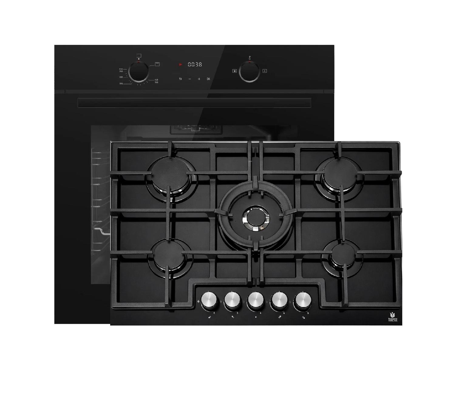 Gasline GB850-FIB Einbau Gasherdset Autark mit Einbaubackofen Gasherd Umluft 69 Liter und+Gaskochfeld 75cm Schwarz Glaskeramik 5 Brennern WOK Brenner