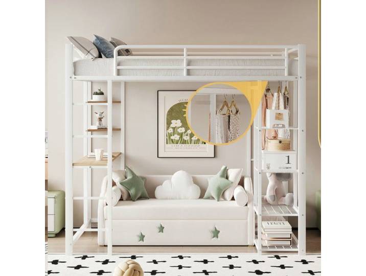 Lit mezzanine - LANGTU - 140x200 - Métal blanc - Avec bureau & armoire - Sommier à lattes