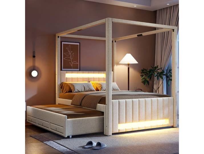 Grand lit à baldaquin capitonné 140x200 avec lit tiré 3 tiroirs LED beige