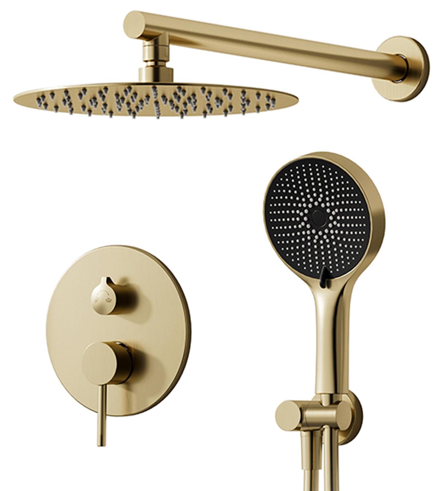 Duschsystem 30x30 cm Regendusche, gebürstet Gold, mit Handbrause
