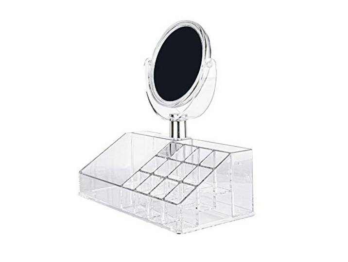 Make up Organizer met 15 Vakken & Makeup Spiegel - Make-up Spiegel Organizer Transparant - Sieraden Makeup Cosmetica Opbergsysteem - Display Houder voor Lippenstift/Nagellak/Brushes/Visagie -