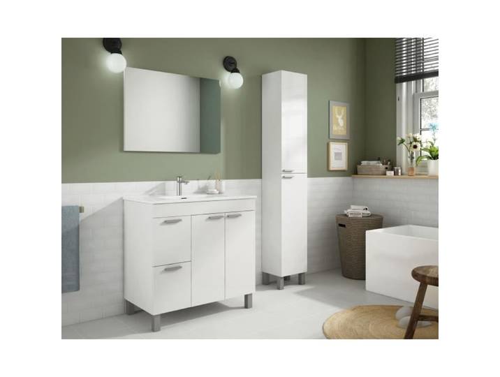 Meuble sous-vasque DMORA - Deux portes battantes et deux tiroirs - Blanc brillant - 80 x 80 x 45 cm