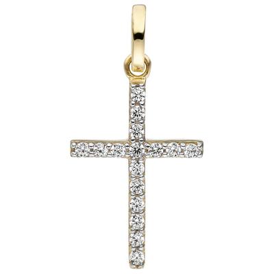 Kreuzanhänger JOBO "Anhänger Kreuz", gelb (gelbgold 375), Schmuckanhänger, Damen, Gelbgold 375, 375 Gold mit Zirkonia