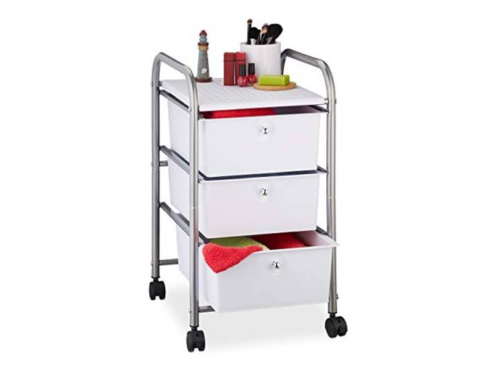 Relaxdays Badrollwagen, 3 Schubladen, Metall & Kunststoff, Rollcontainer Bad, Kosmetik, HxBxT: 60 x 33 x 39 cm, silber, 1 Stück