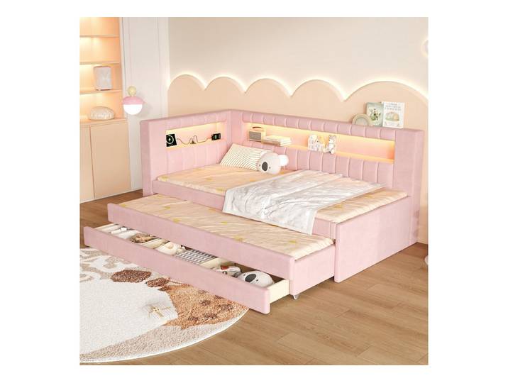 Ulife Daybett gepolstertes Tagesbett mit LED-Beleuchtung und USB-Anschluss, mit Rollbett und 3 Stauraumschubladen, 90x200 cm und 90x190 cm