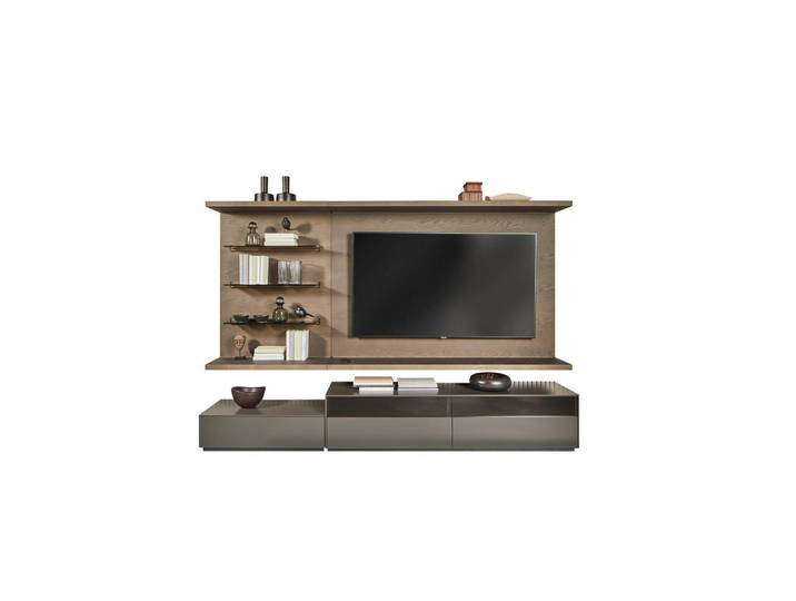 Belluti Wohnwand, Grau, Eiche dunkel, Holz, Glas, Eiche, furniert, 270x182x46 cm, individuell planbar, Beimöbel erhältlich, in verschiedenen Holzdekoren erhältlich, Holzmöbel, Wohnwände Holz, Wohnwände Holz