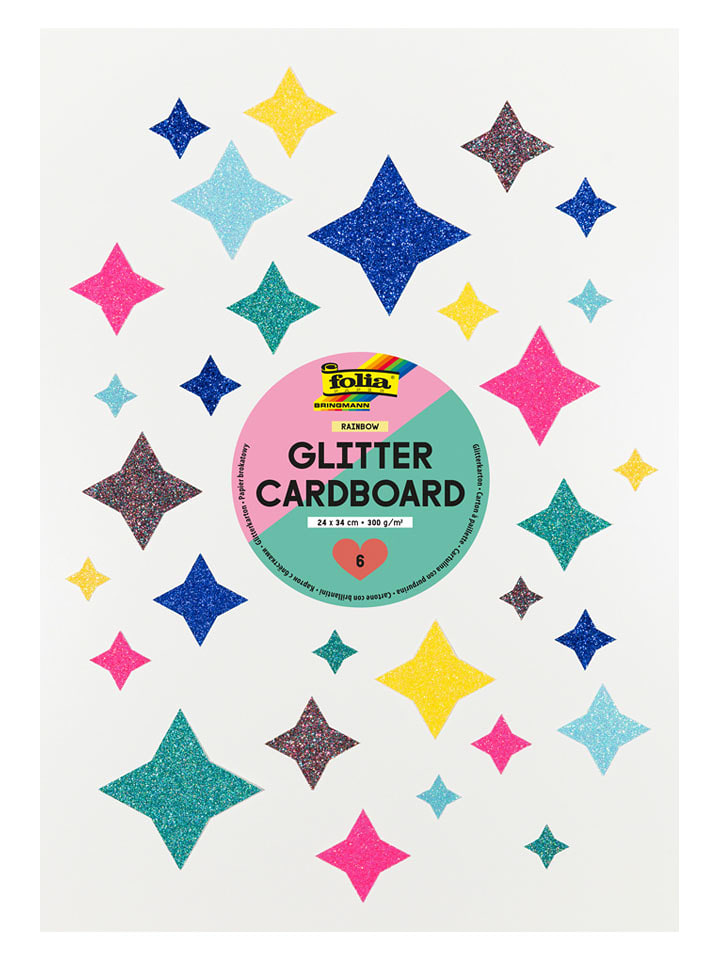 folia PAPER Glitzer-Tonpapier "Rainbow" - ab 5 Jahren - 6 Blatt - onesize