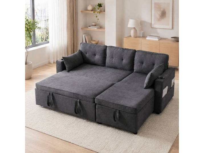 VUENOR canapé d'angle convertible 3 places gris avec méridienne réversible et rangement