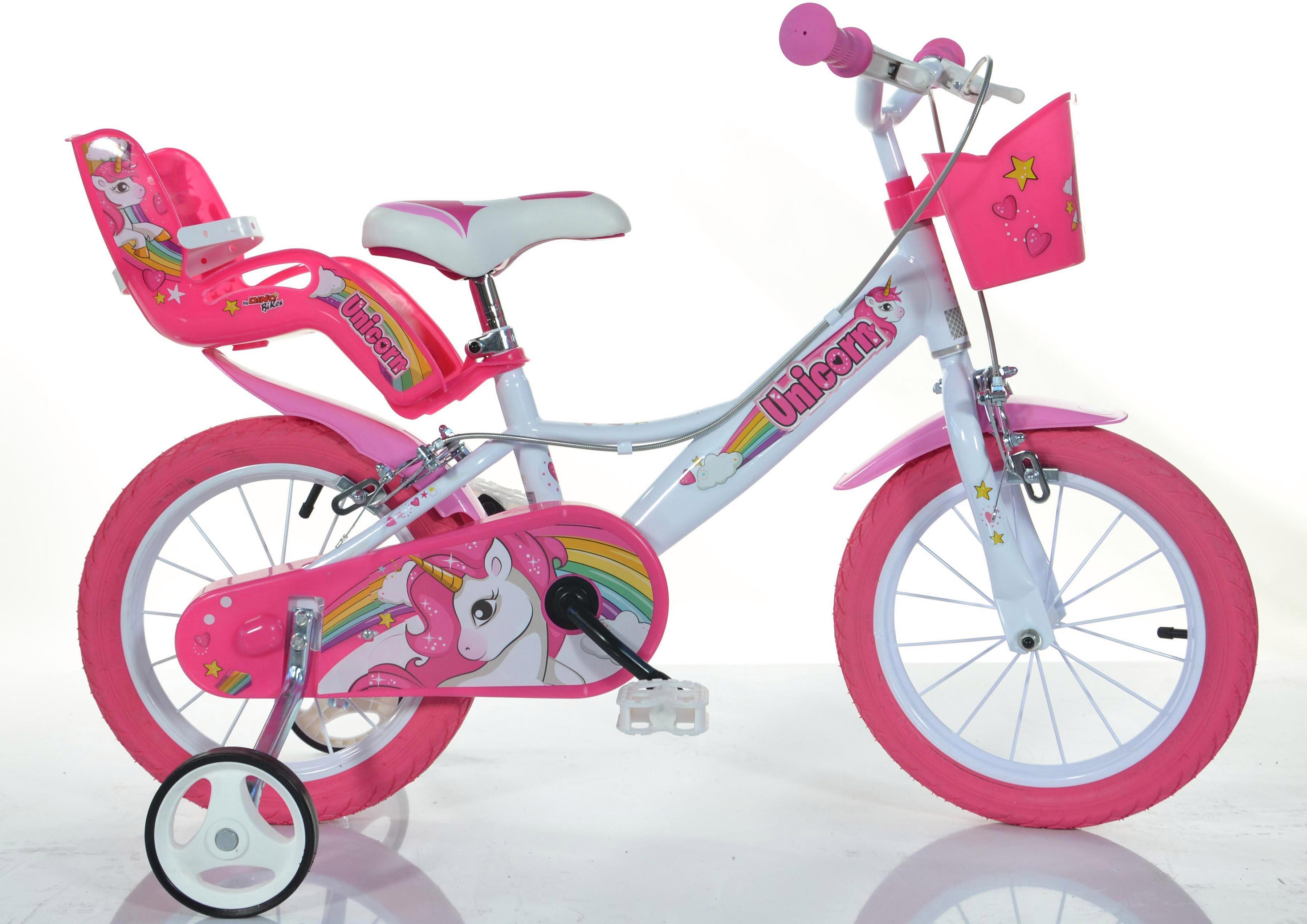 Kinderfahrrad DINO BIKES "16" Unicorn Einhorn Kinderfahrrad Mädchenfahrrad Freilauf 4–7 Jahre" Gr. 25, pink (weiß), Fahrräder, Kinder, 28cm, 16 Zoll (40,64cm), Kinderfahrrad, mit Stützrädern, Korb und Puppensitz weiß 28cm, 16 Zoll (40,64cm)