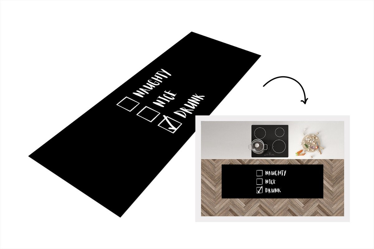 KitchenYeah Keukenloper Kerst Naughty Nice Drunk Vinyl B/D: 180 x 60 cm