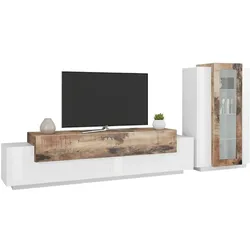 Dmora Wohnzimmermöbel Mirko, TV-Ständer Wohnzimmergarnitur, Mehrzweck-Wohnzimmermöbel, 100% Made in Italy, cm 280x45h121, glänzend weiß und Ahorn