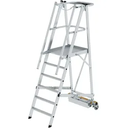 PROREGAL Plattformleiter klappbar mit schmalem Fahrwerk | 6 Stufen | inkl. beidseitigem Handlauf | Aluminium | nivello Leiterschuhe