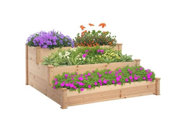 Outsunny Hochbeet 3-stufig Gartenbeet für Balkon 120 x 120 x 56 cm Natur
