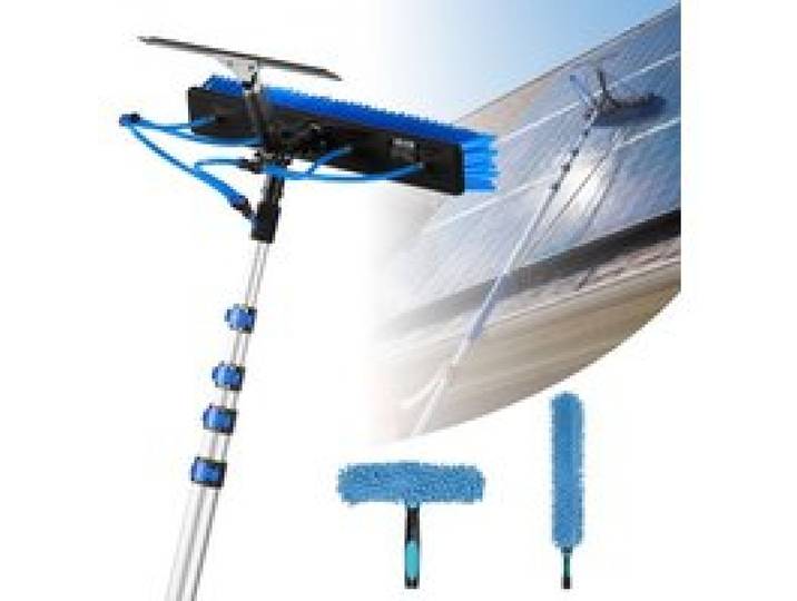VEVOR 2-in-1 Teleskop Waschbürste für Solarpanel, Photovoltaik Reiniger Set mit 1,8-7,9m Alu-Teleskop 20m Wasseranschluss Abzieher Seifenspender, Reinigungsbürste für Solaranlage Fenster Terrassendach