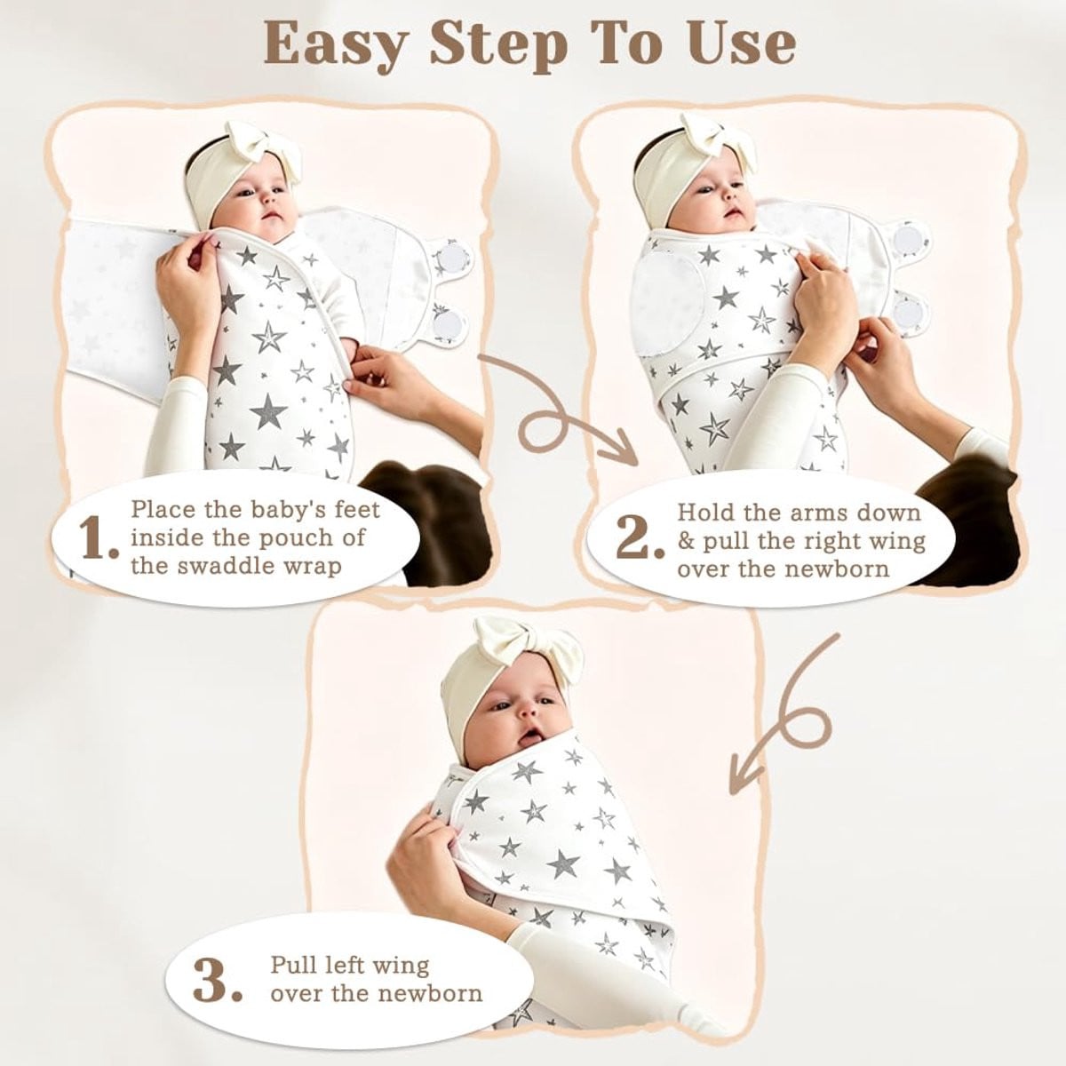 Set van 3 baby-wikkeldekens met muts van 100% katoen