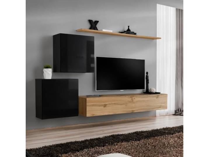 Lomadox Wohnzimmer Wohnwand in Eiche & Schwarz mit Hochglanz-Fronten modern 250 cm, 4-teilig -