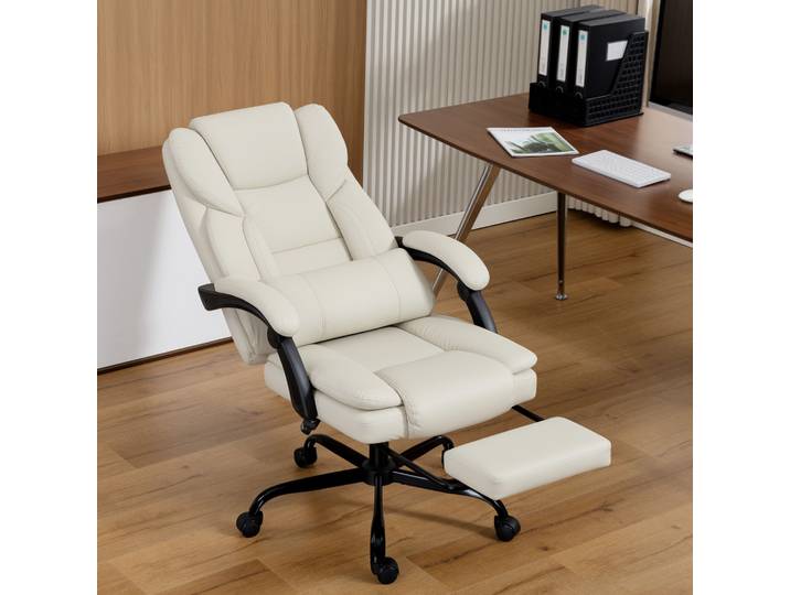 HOMCOM Fauteuil Bureau Similicuir Beige Réglable avec Repose-pieds