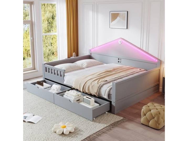 Merax Kinderbett 140x200 cm mit LED-Lichtleiste, Zwei Schubladen & Lattenrost – Grau (Ohne Matratze)