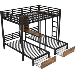 STILVORA Etagenbett Metall/MDF Schwarz 140x200+90x200 cm mit 2 Schubladen