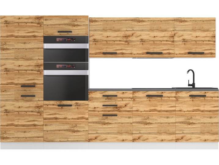 Belini Cuisine bloc Grace - Meubles de cuisine 300 cm Cuisine équipée sans appareils électroménagers avec placards et armoires basses\, sans plans de travail\, chêne Wotan