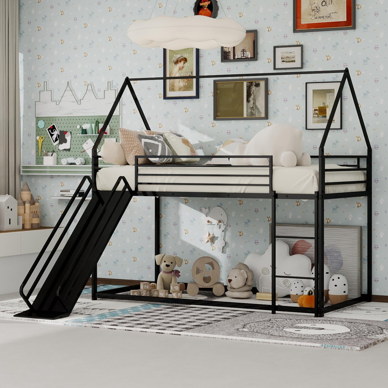 MODFU Patrové kinderbed met glijbaan en huisframe, metalen bedframe, zwart, 90 x 200 cm