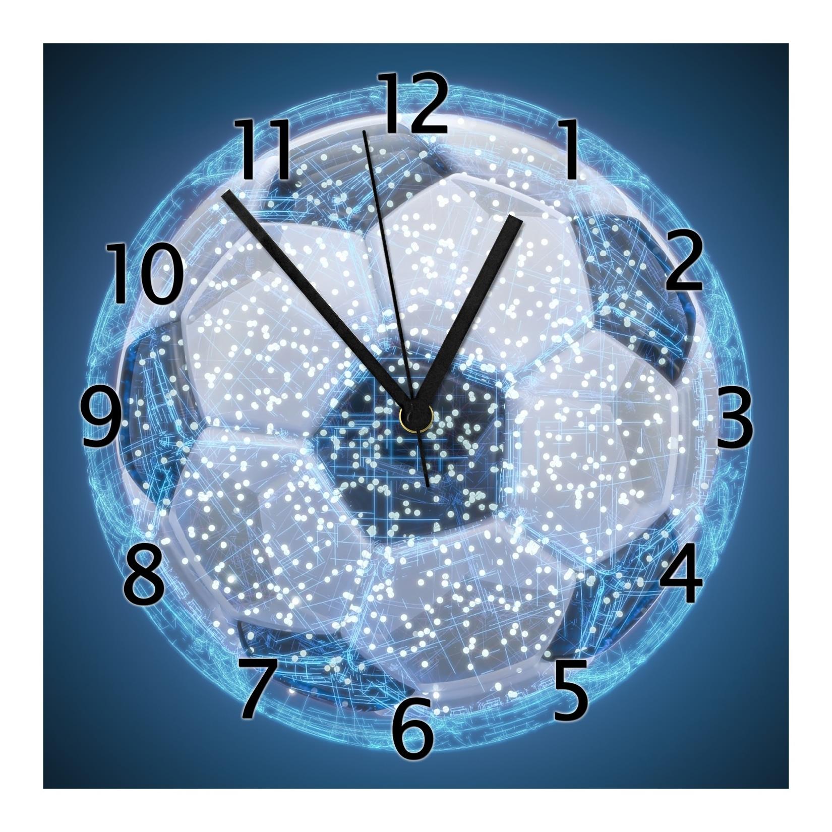 Wallario Uhr 30 x 30 cm, schwarze Zeiger Fußball digital - Netzwerk in blau