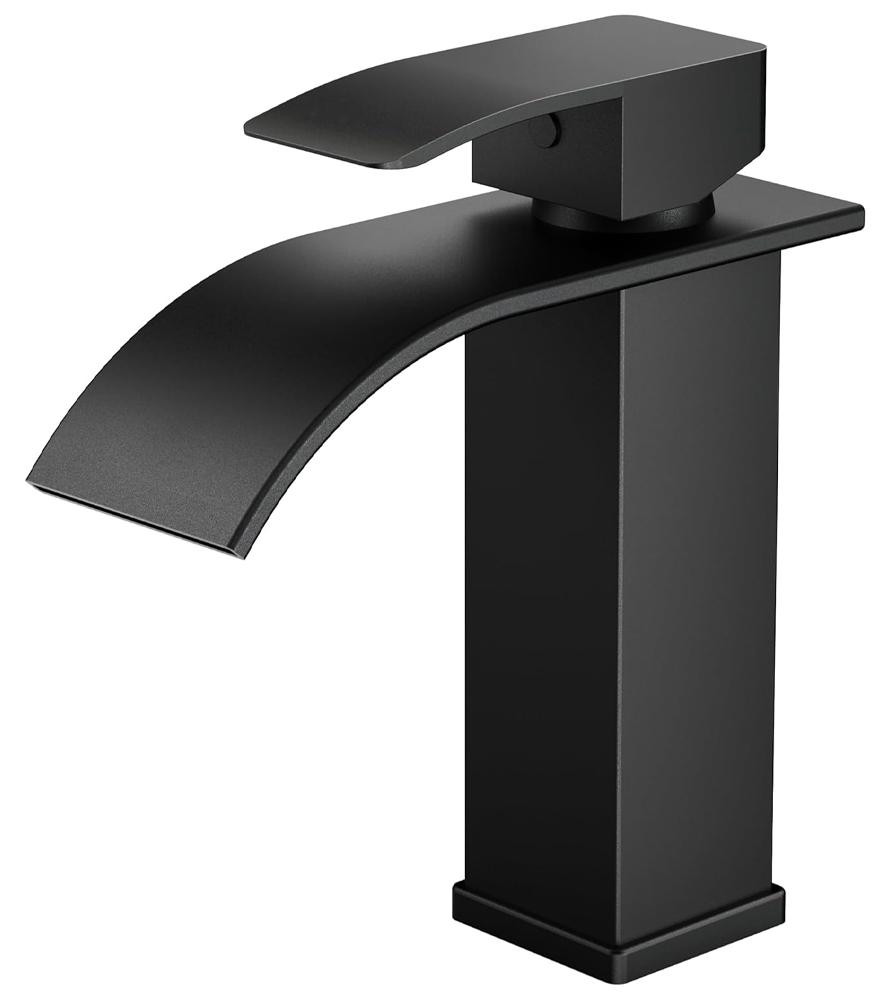 Schwarze Badarmatur, Wasserfall-Waschtischmischer mit einer Auslaufhöhe von 110 mm, wasser- und energiesparend.