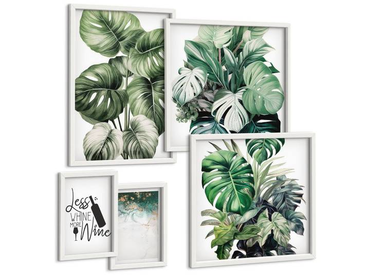 BILDER SET 5er Set - 50x50 cm & 20x30 cm & 40x60 cm Weißer Rahmen - Grüne Weinblätter