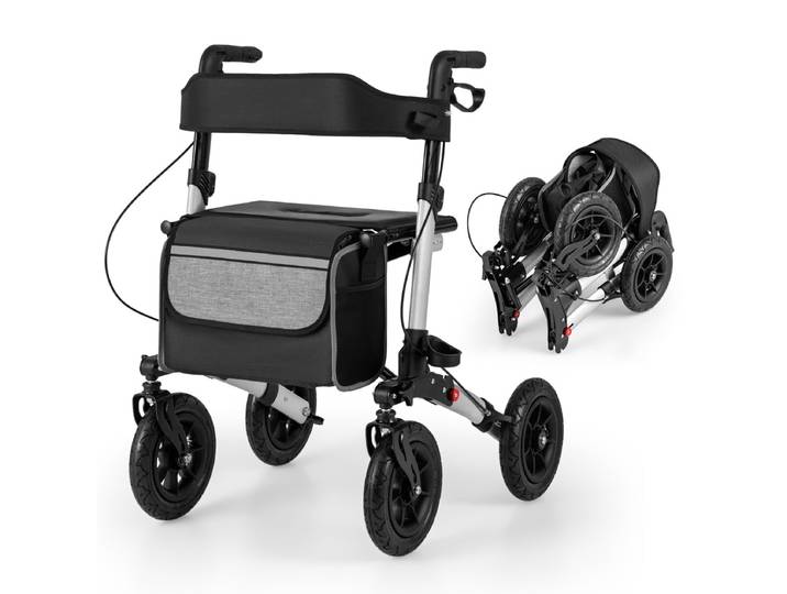 2-in-1 Rolstoel & Reisrollator Loophulp Rollator met Luchtbanden en Zitting 7-Voudig in Hoogte Verstelbaar Opvouwbaar en Licht-Zilver