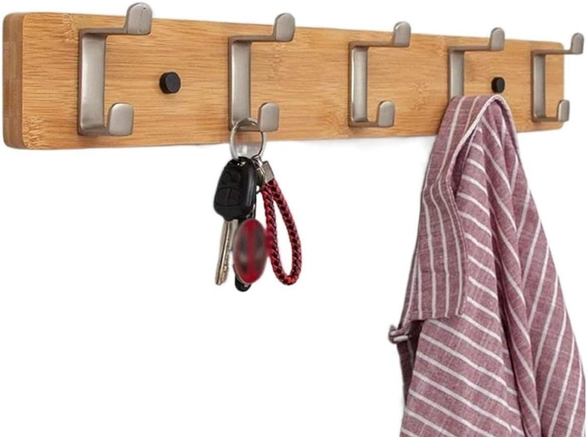 Houten Wandkapstok met Vijf Dubbele Haken in Houtkleur
