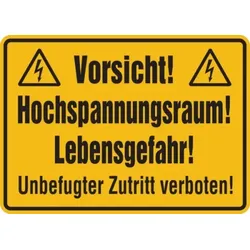Hinweisschild, Hochspannungsraum! Unbefugter Zutritt verboten!, 250 x 350 mm, - 350x250x1.5 mm Kunststoff