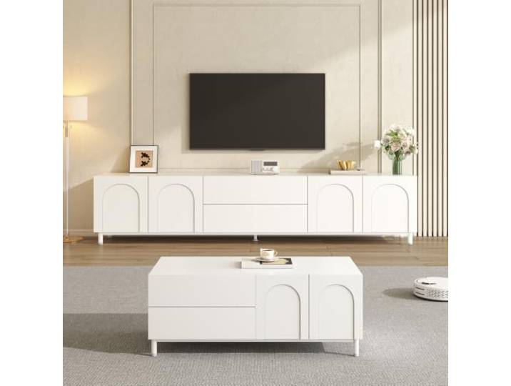 Ropilly Wohnzimmer Set weiß tv Schrank 180 cm und couchtisch 2‑teiliges MDF Möbelset mit Bogenmustern und Stahlfüßen für ein aufgeräumtes Wohnzimmer.
