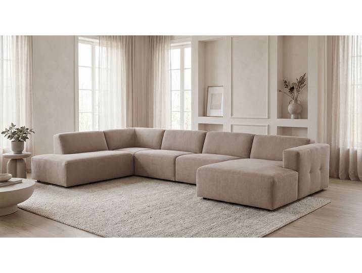 Wohnlandschaft GOODPRODUCT Kelani , beige (cream), B:384cm H:73cm T:227cm, 100% Polyester, Sofas, Wohnlandschaft, mit dekorativer Knopfsteppung an den Armlehnen