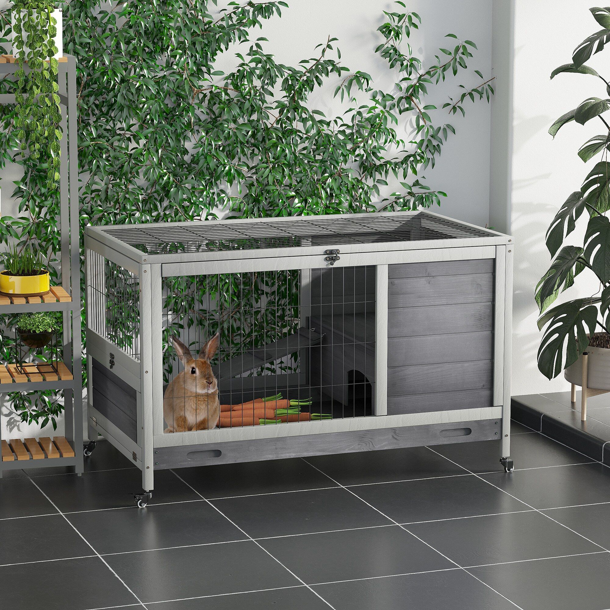 Altro Conigliera In Legno Con 4 Ruote, Casetta Per Conigli E Rampa, 90x53x59cm, Grigio
