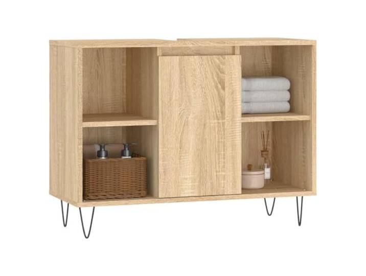 KTHLBRH Badezimmerschrank Eiche Sonoma 80 x 33 x 60 cm Holz mehrschichtig 1 reversible Tür, 4 Einlegeböden, Füße aus Eisen, Industrie-Stil, Wandbefestigung