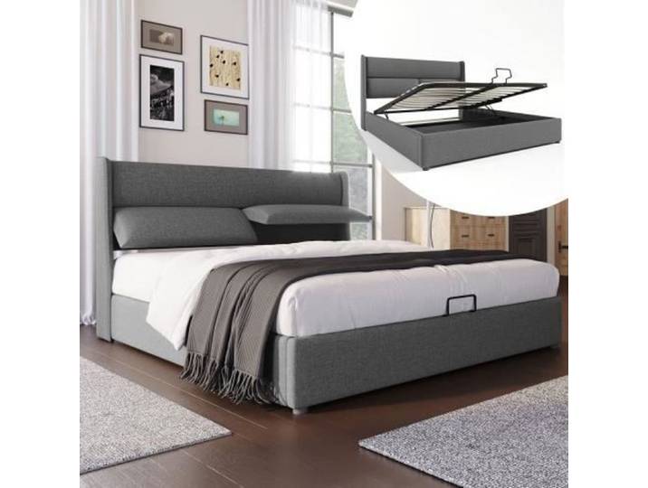 Lit double - 180x200 cm - Rembourré - Appuie-tête réglable - Rangement intégré