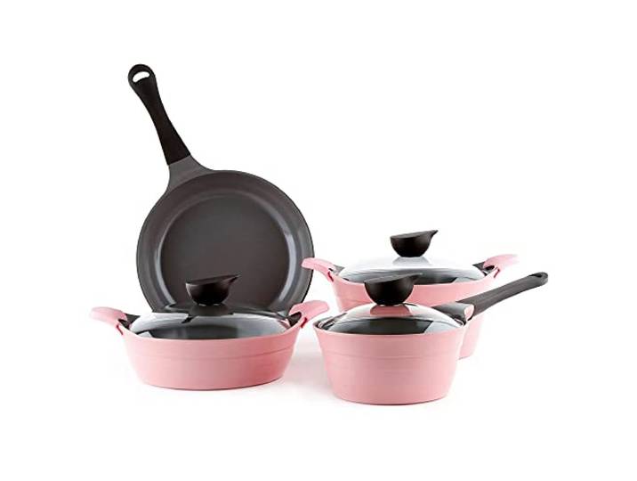 Neoflam Eela 7-teiliges Keramikbeschichtetes Antihaft-Kochgeschirr-Set mit Kochtopf, Bratpfanne, Kasserolle, Suppentopf, Glasdeckel, Silikon-Griff im Lieferumfang enthalten, 7-teilig, Rosa
