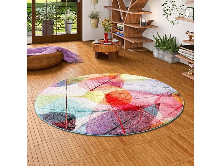 Tapis - PERGAMON - Faro - Rond - Multicolore - 160 cm - Motif tropical feuilles