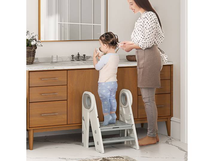 AIYAPLAY Marchepied Enfant Pliable 3 Marches Hauteur Ajustable Gris