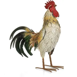 Moritz Deko Hahn Hühnerfigur 50 cm Metall handbemalt Creme-Grün Landhausstil Vintage Gartenfigur für Garten Terrasse Wohnbereich Hauseingang