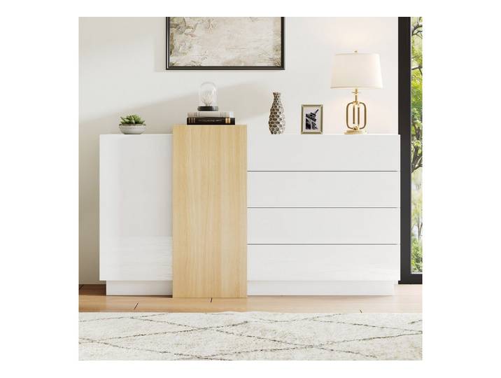 MC Star Sideboard Weißes Hochglanz-Sideboard, Moderner Esszimmerschrank mit Stauraum (Minimalistischer holzfarbener moderner Aufbewahrungsschrank)