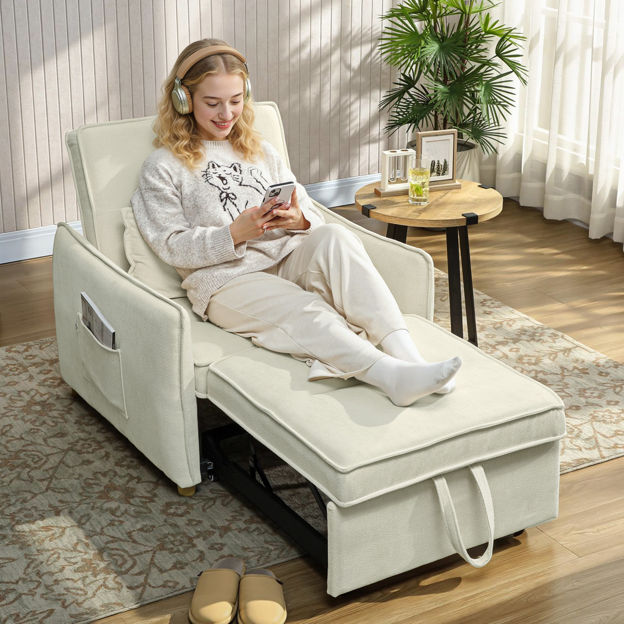 Homcom Poltrona-letto 3 in 1 con cuscino lombare, Bianco Crema   Aosom Italy