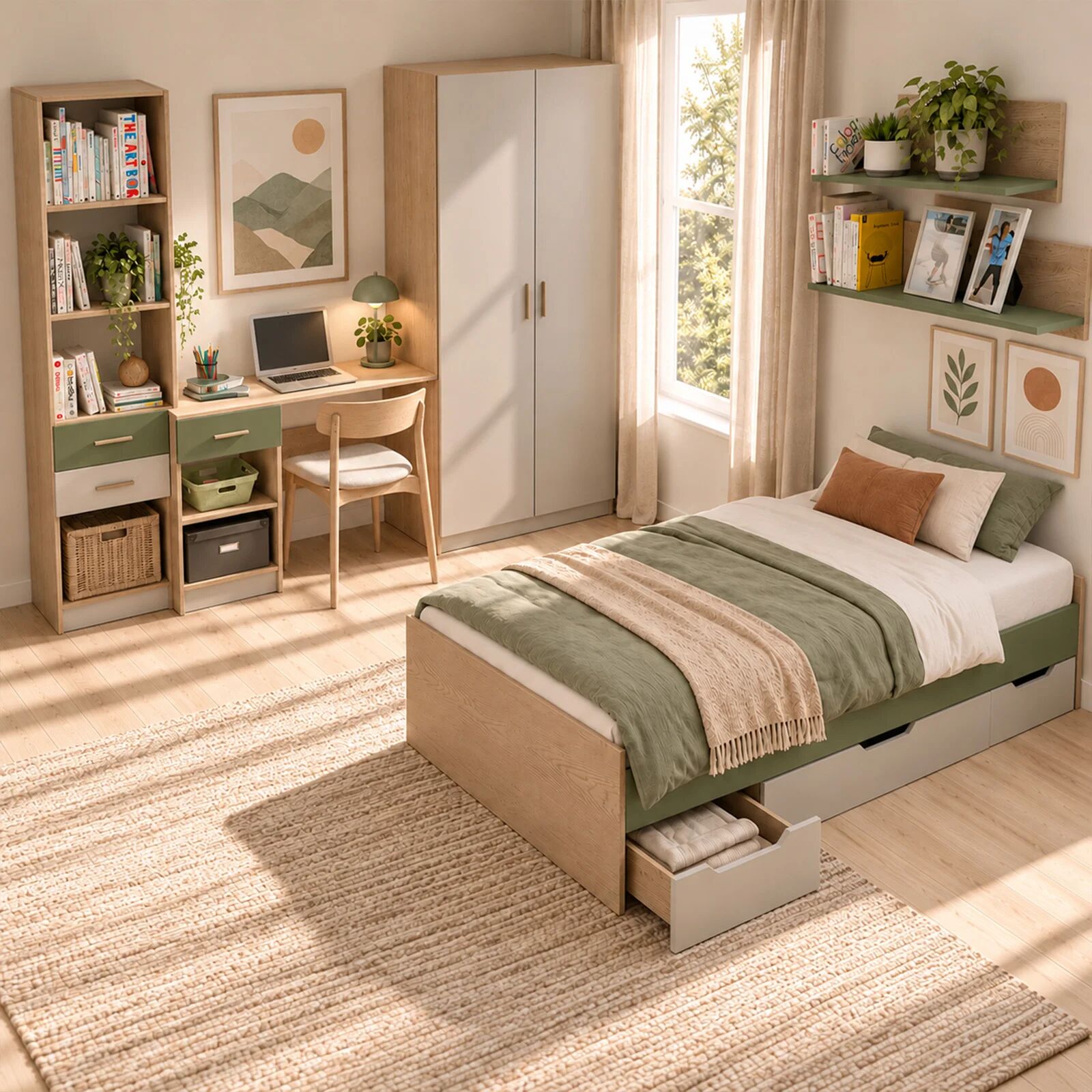 garneroarredamenti Cameretta per bambini completa 1 letto con cassettoni rovere beige verde salvia Kabala