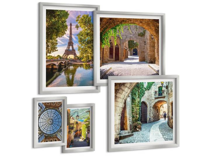 BILDER SET 5er Set - 50x50 cm & 20x30 cm & 40x60 cm Silberner Rahmen - Grüne, saftige Blätter