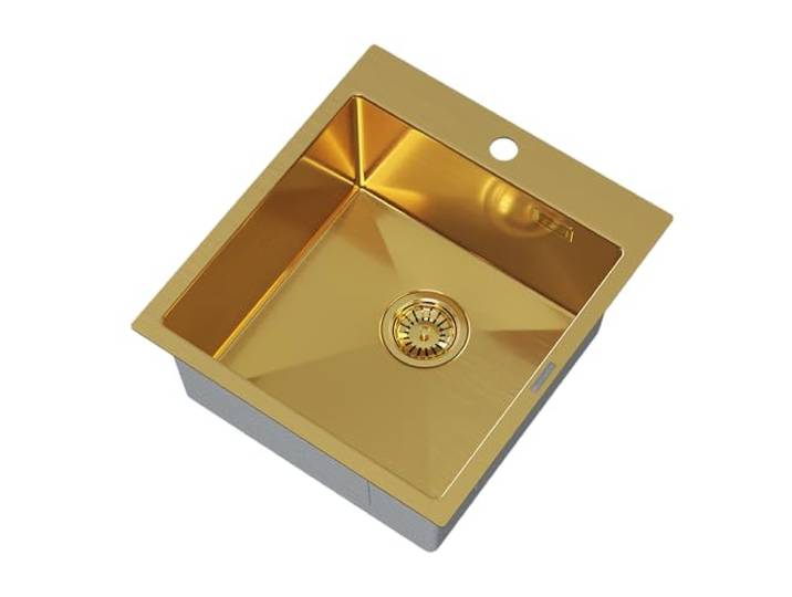 Granitan Spülbecken 45x50 cm, Einbauspüle aus Stahl Silvo Edelstahlspüle mit Hahnloch für Spülbecken, mit Gitter, Gold
