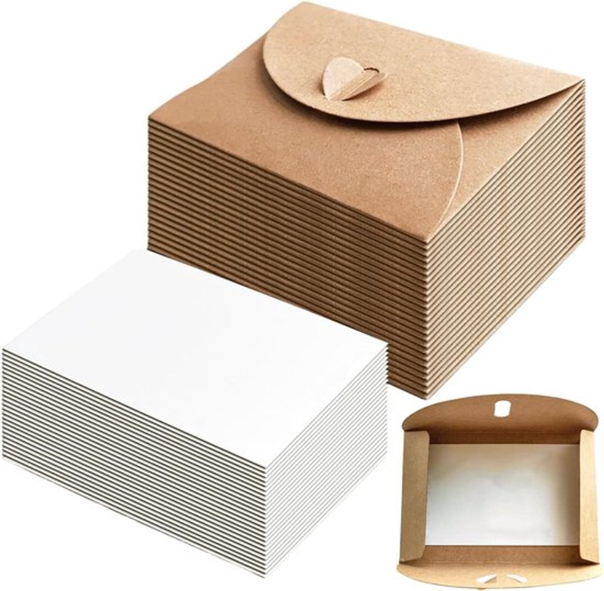 50 stuks Mini Kraft Papier Enveloppen met Lege Kaarten en Hartsluiting in Bruin