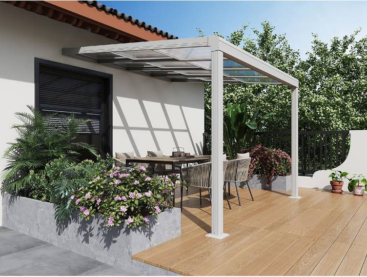 Anlehnende Pergola aus Aluminium mit Schiebedach - 9 m² - Weiß IZEDA